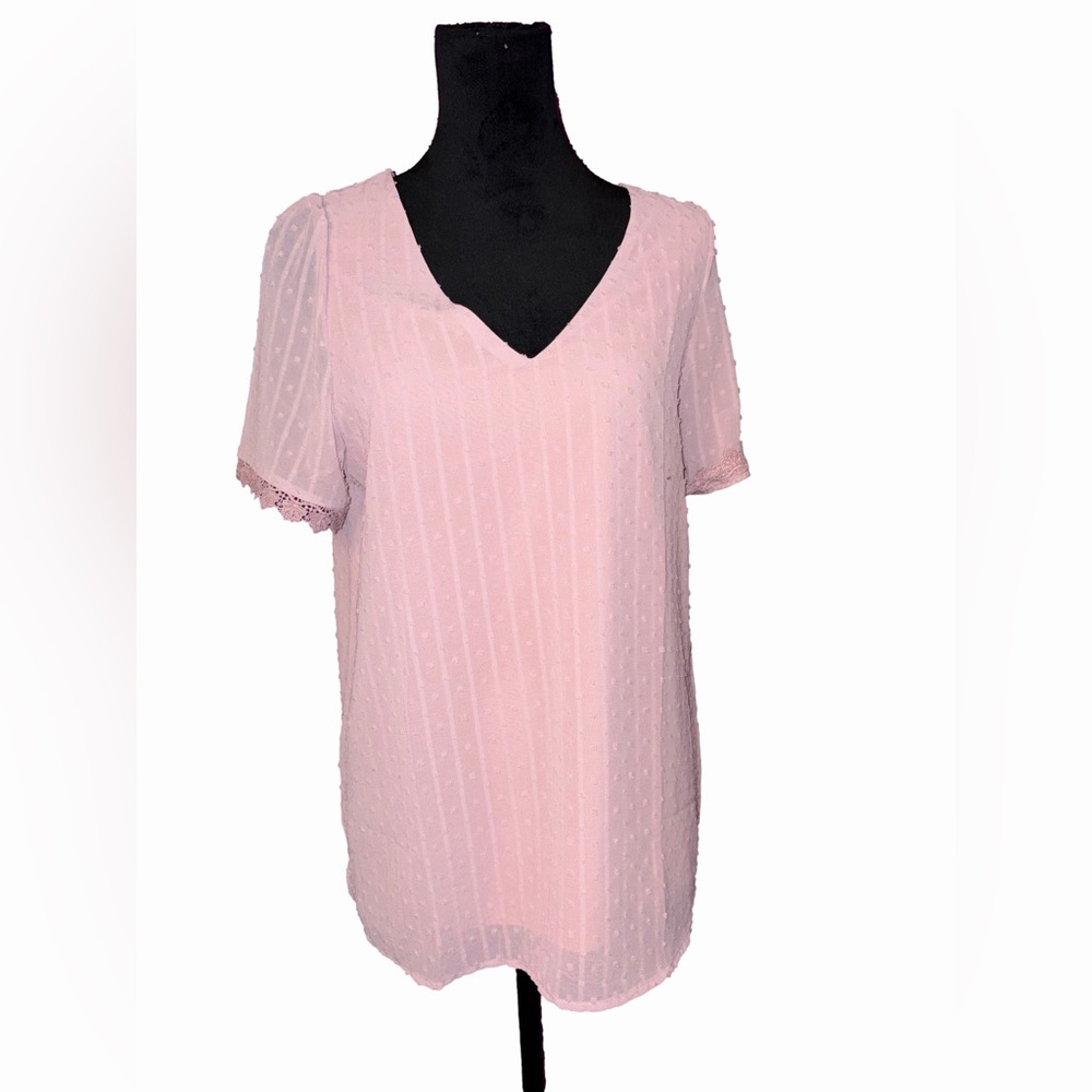 Light Pink Textured V Neck Blouse Lace Trim Sleeve  L